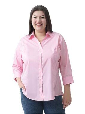 Plus Size 3/4 Sleeve Button Down Shirt Stretch Blouse Business Casual